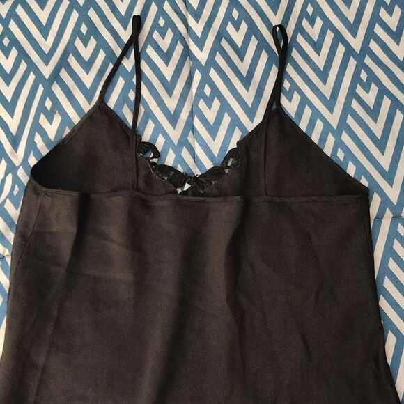 VTG 80s Black Satin Floral Crochet Mini Intimates Slip Dress Size Large - Picture 8 of 12